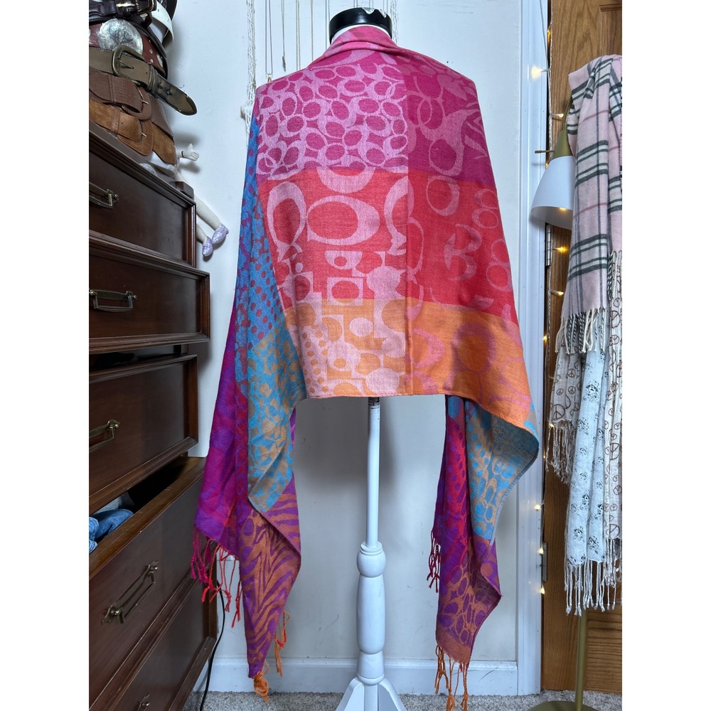 Y2K Coach Patchwork Signature Logo Scarf Purple Pink Orange Blue Fringe Jacquard - Picture 3 of 9